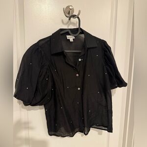Black Puff Sleeve Blouse with rhinestone